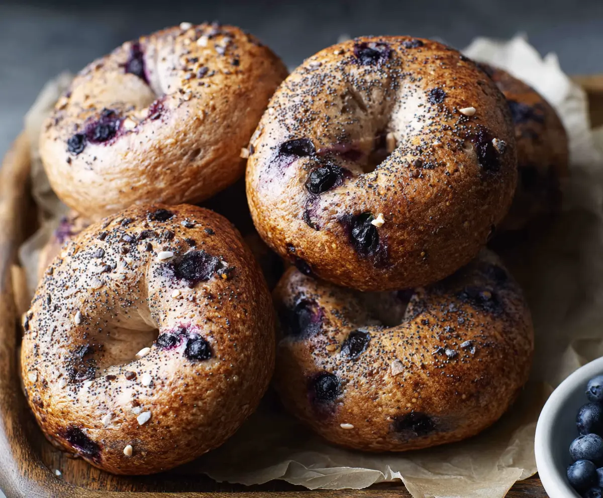 Freshly baked sourdough blueberry bagels on a rustic wooden surface.