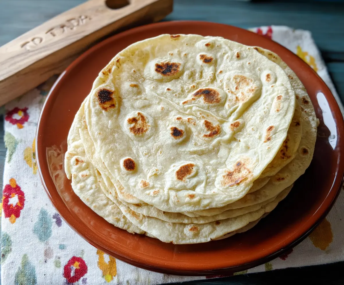 Golden brown sourdough butter tortillas on a white plate, perfect for wraps and tacos.