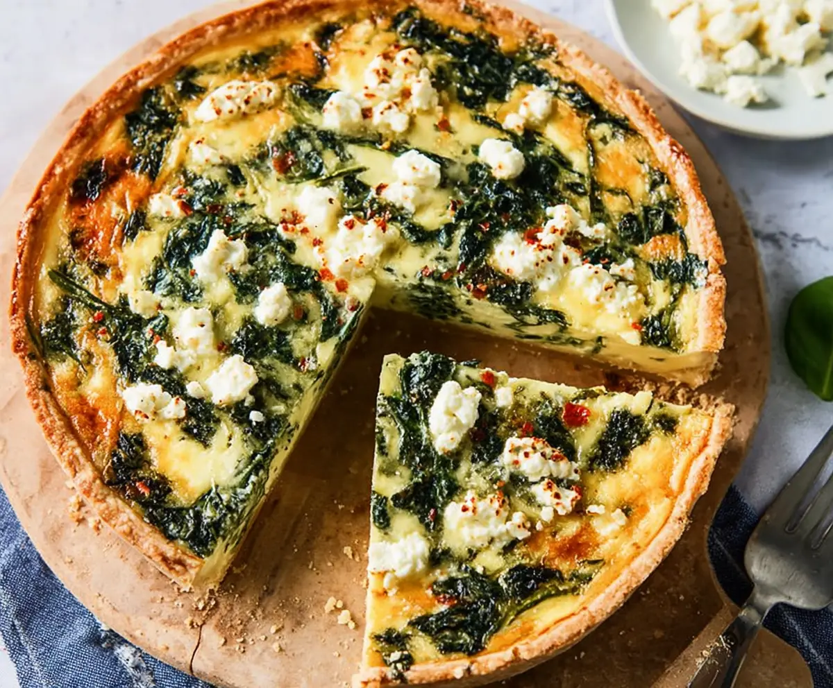 Delicious spinach and feta cheese quiche sliced on a white plate, garnished with fresh herbs.