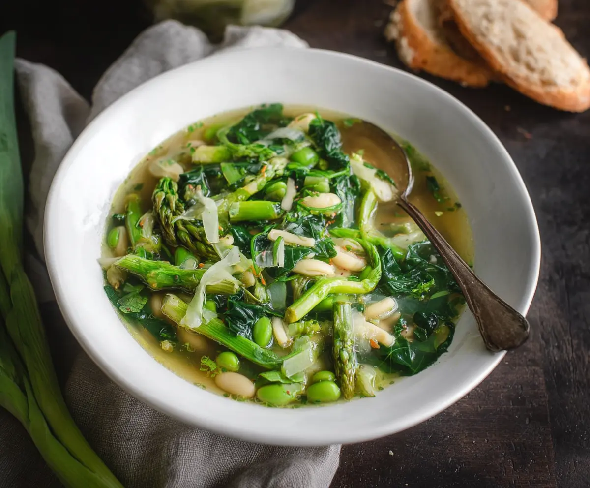Freshly prepared Spring Green Minestrone Soup with vibrant vegetables in a bowl.