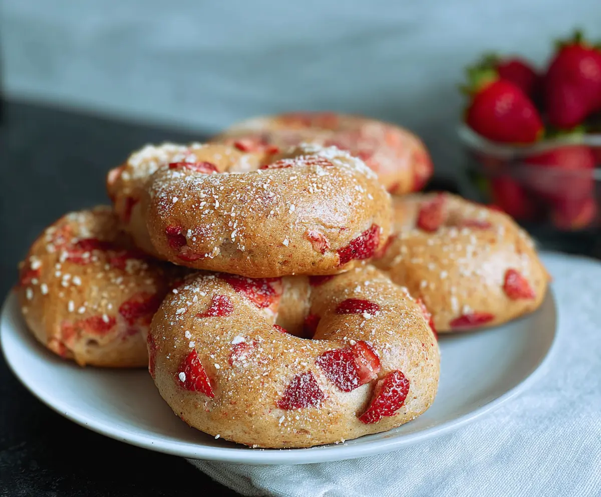 Fresh strawberry bagels with cream cheese spread on a rustic wooden surface.