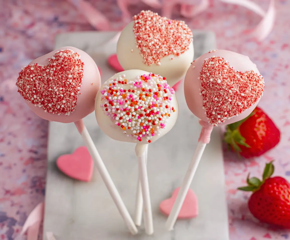Delicious strawberry heart-shaped cake pops perfect for Valentine's Day desserts.