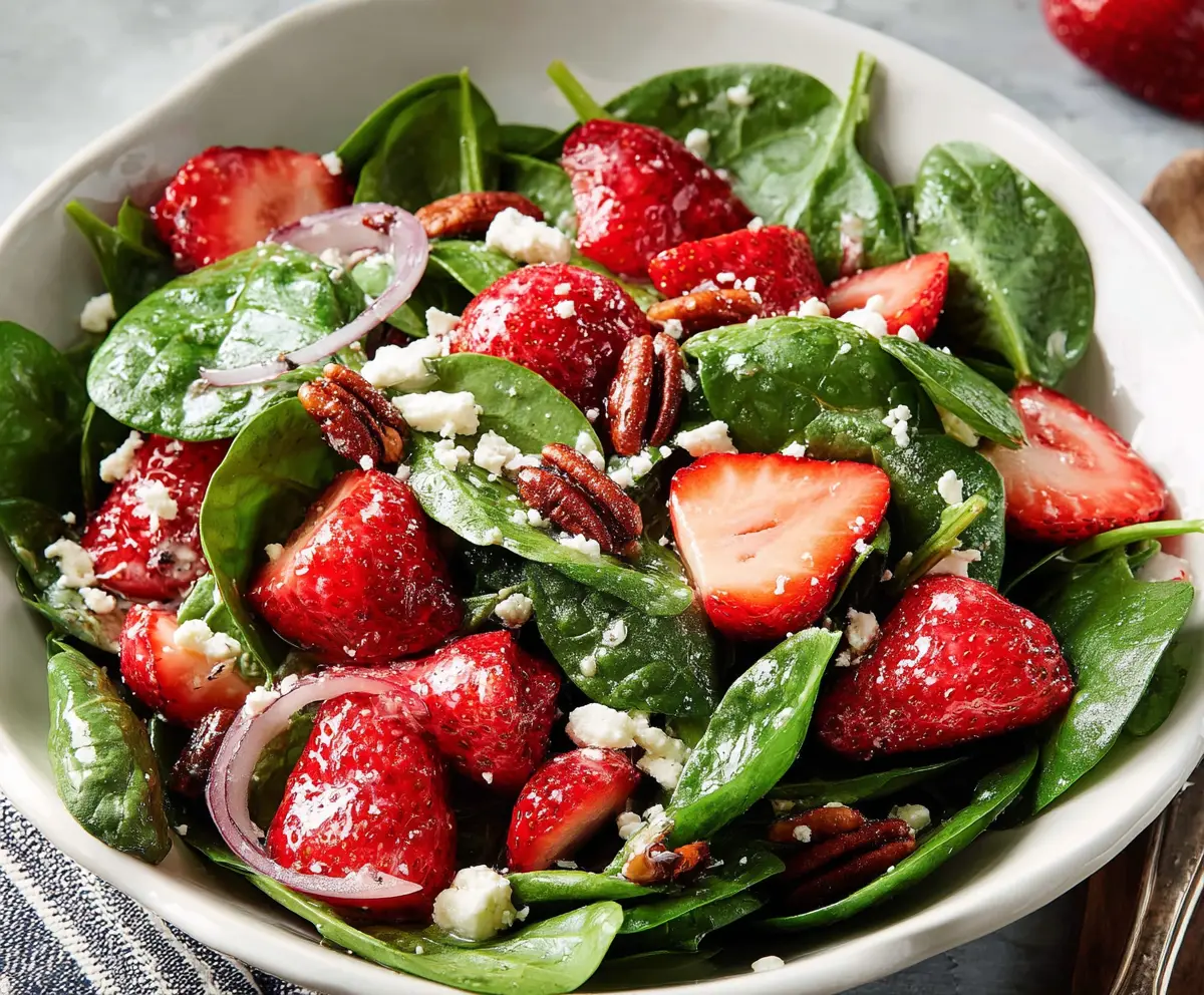 Fresh strawberry spinach salad with feta cheese and balsamic glaze, perfect for a healthy lunch or dinner.