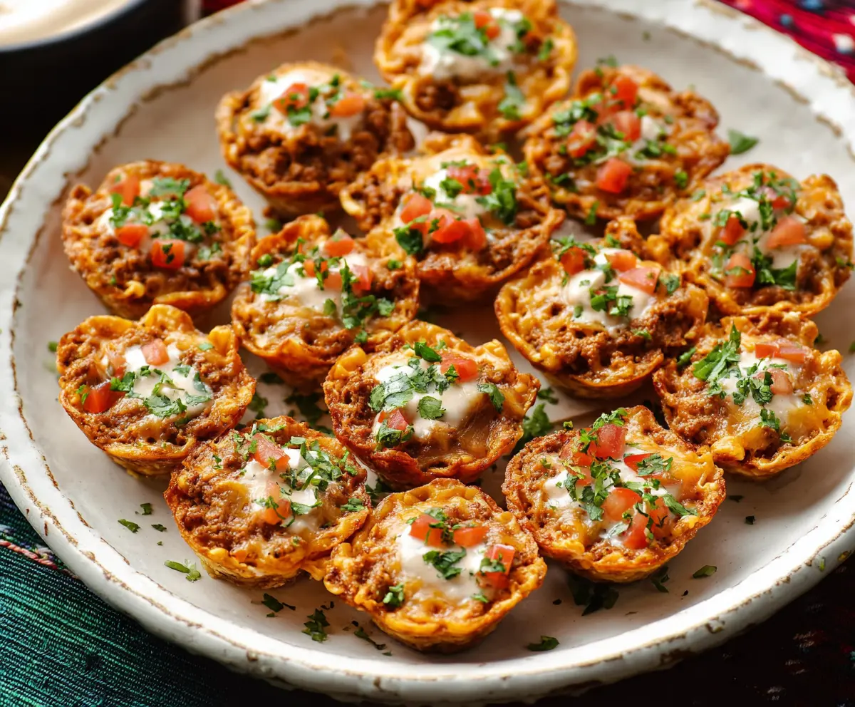 Delicious Taco Ranch Bites featuring crispy tortilla chips topped with seasoned meat, cheese, and fresh toppings.