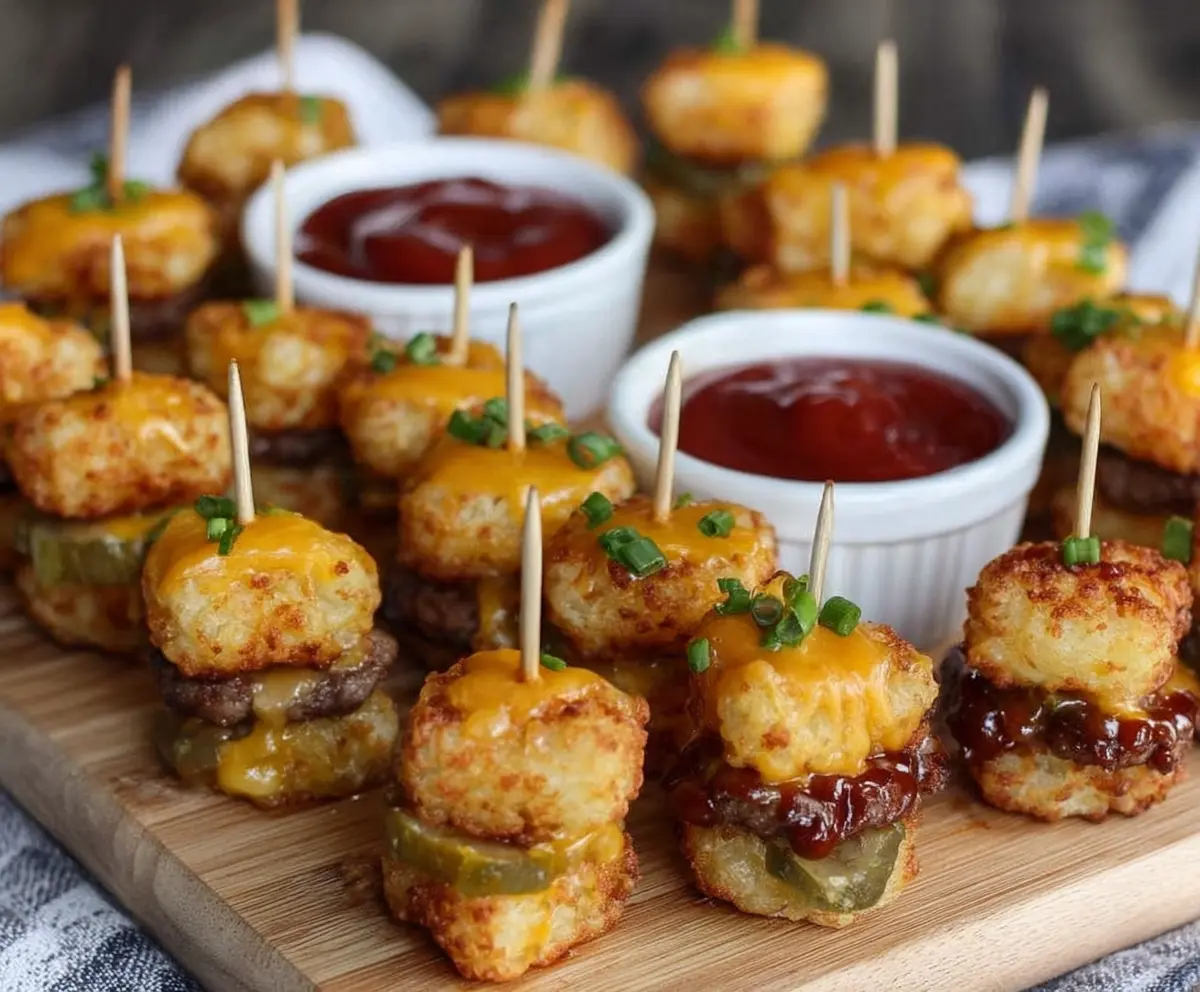 Delicious Tater Tot Mini Cheeseburger Bites with melted cheese and savory toppings.