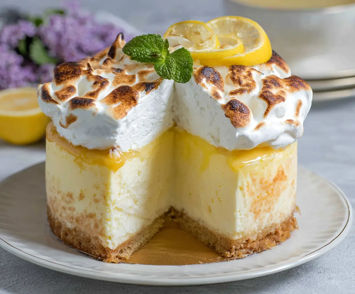 Delicious Triple Lemon Meringue Cheesecake garnished with fresh lemon slices and fluffy meringue topping.