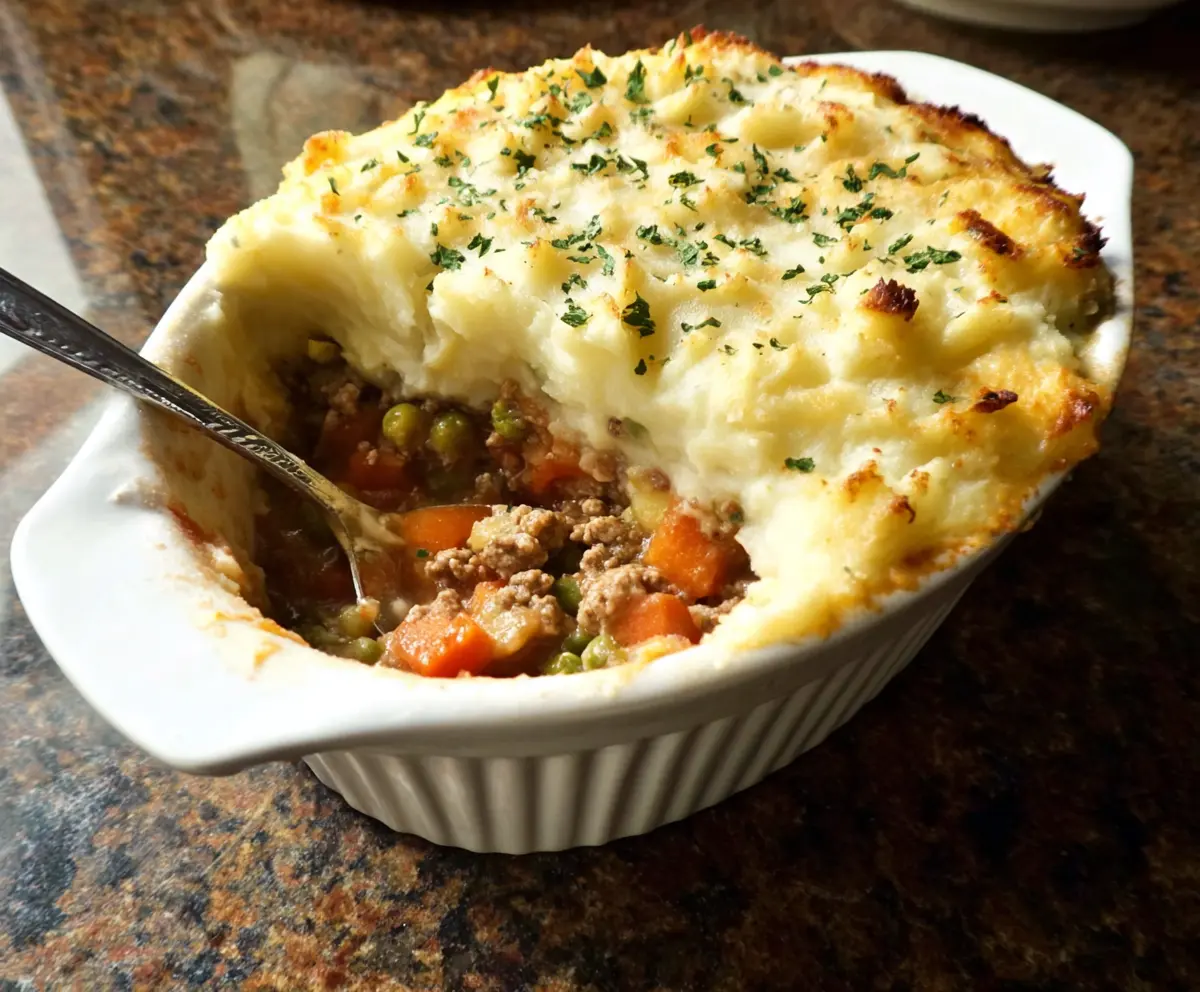 Delicious homemade Turkey Shepherd's Pie with mashed potatoes and seasoned ground turkey in a baking dish