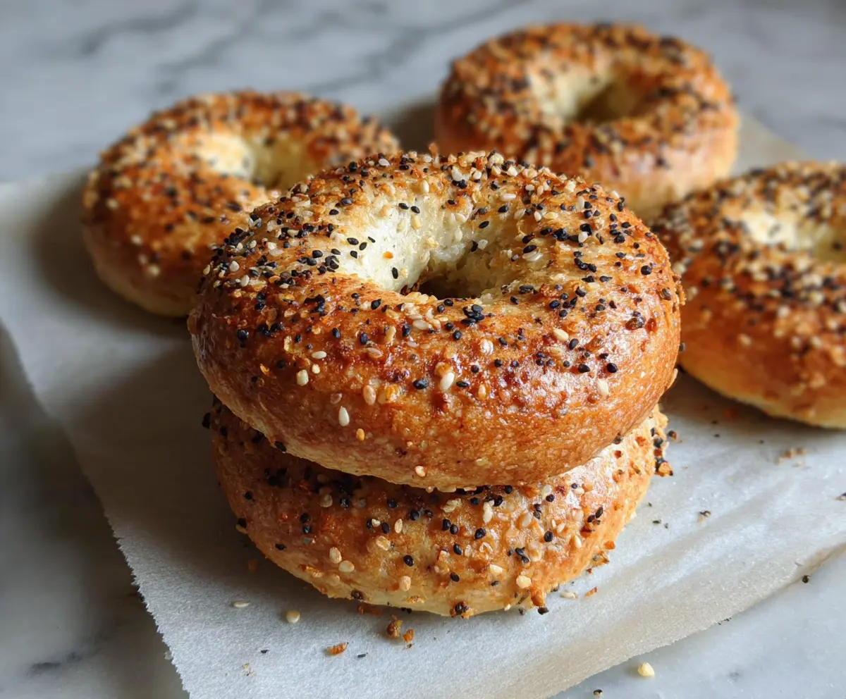 Creamy vanilla Greek yogurt bagels sliced and served for breakfast.