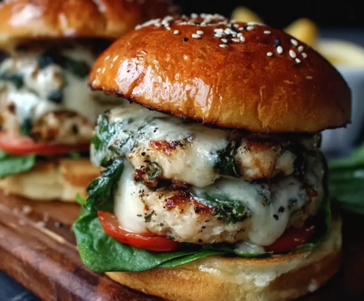 Juicy White Cheddar Spinach Chicken Burgers served with fresh greens on a plate.