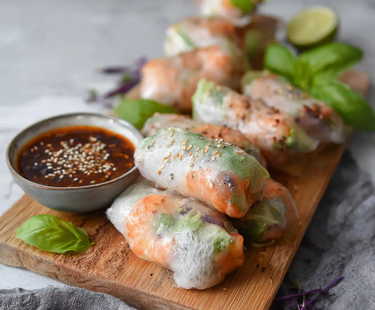 Crispy Air Fryer Shrimp Rice Paper Rolls served with fresh herbs and dipping sauce.
