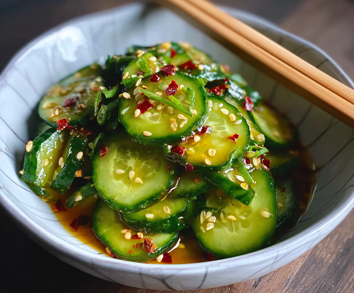 Fresh Asian cucumber salad with sliced cucumbers, herbs, and a tangy dressing in a bowl.