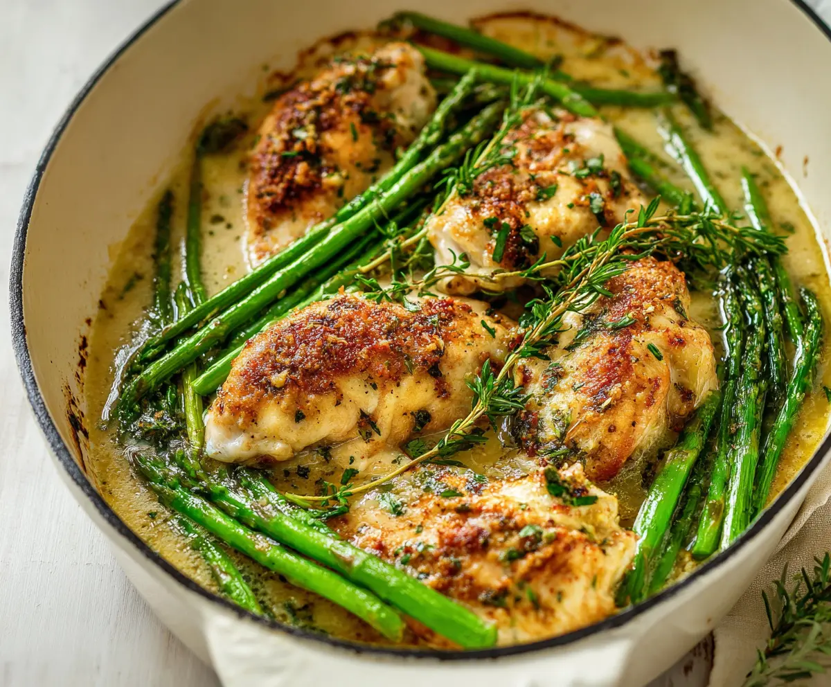 Delicious baked chicken with fresh asparagus on a platter, garnished with herbs.
