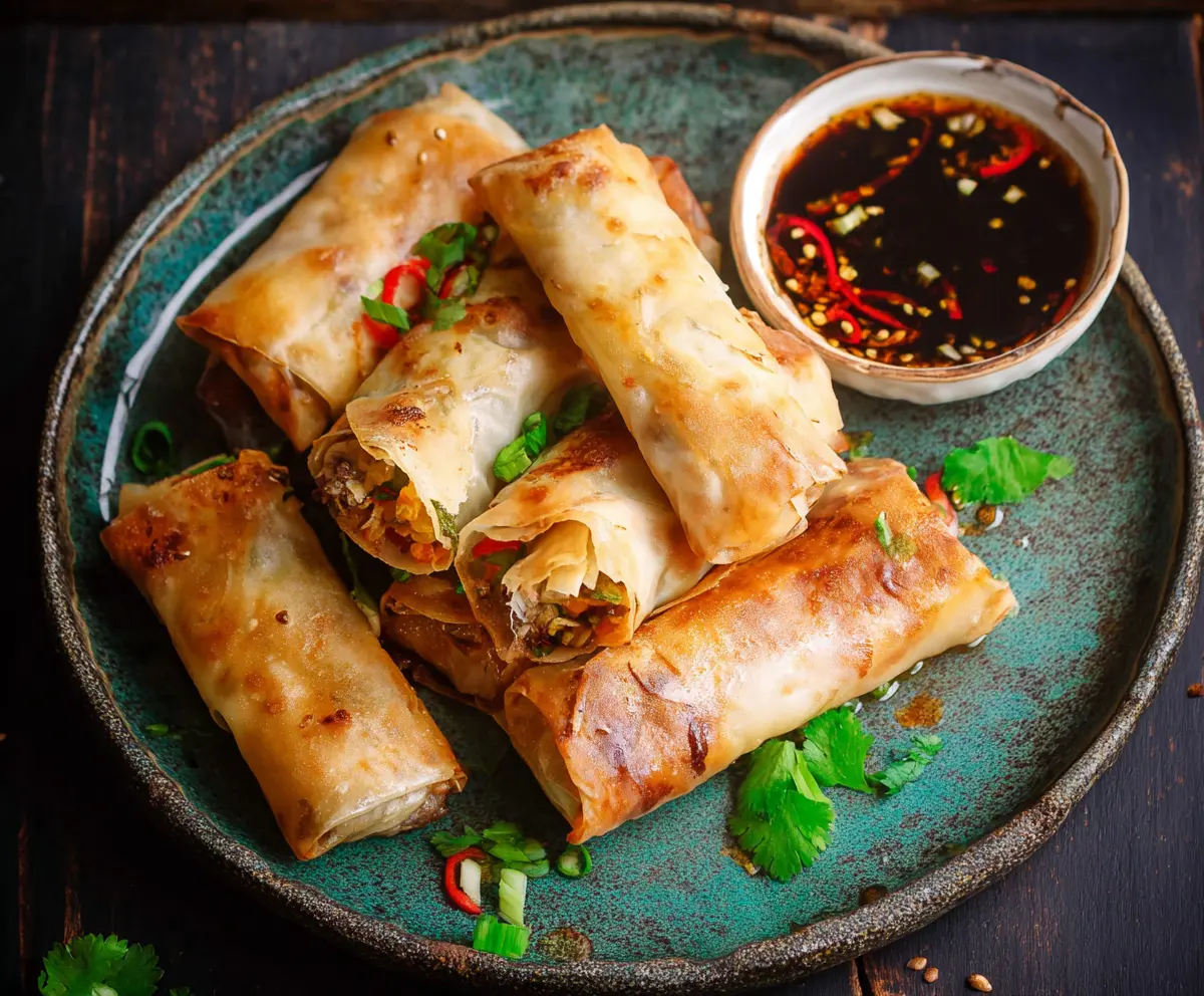Crispy baked Chinese vegetable spring rolls served with dipping sauce on a plate.