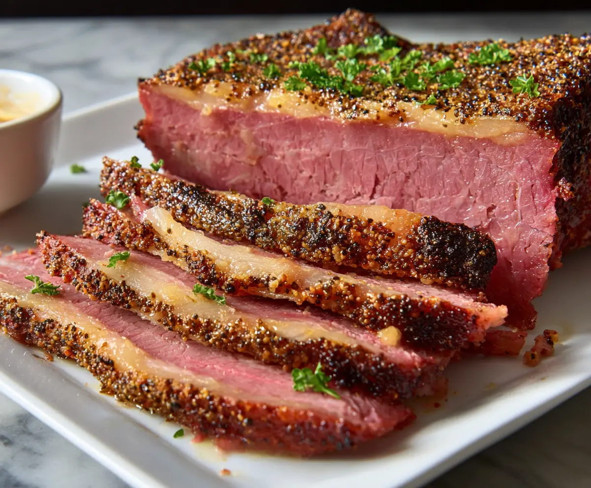 Delicious baked corned beef brisket with crispy edges and tender meat, perfect for a hearty meal.