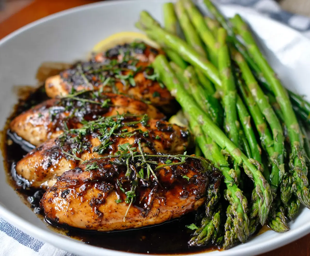 Delicious balsamic chicken with fresh asparagus on a white plate, garnished with herbs.