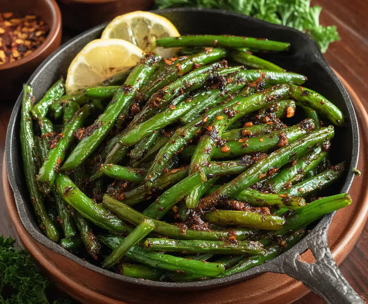 Delicious blackened green beans cooked with smoky spices and herbs.