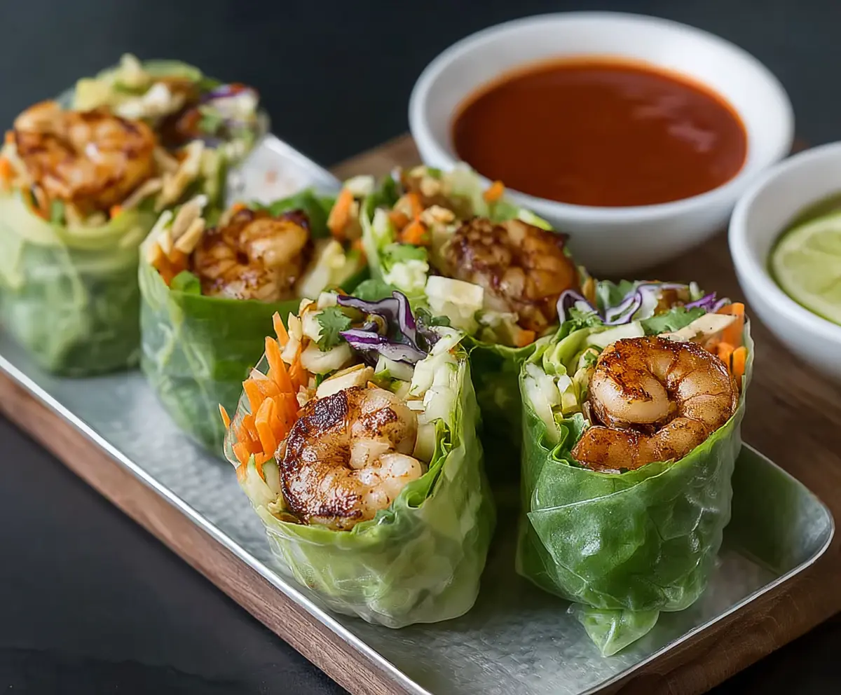 Delicious blackened shrimp spring rolls filled with fresh vegetables and served with dipping sauce.
