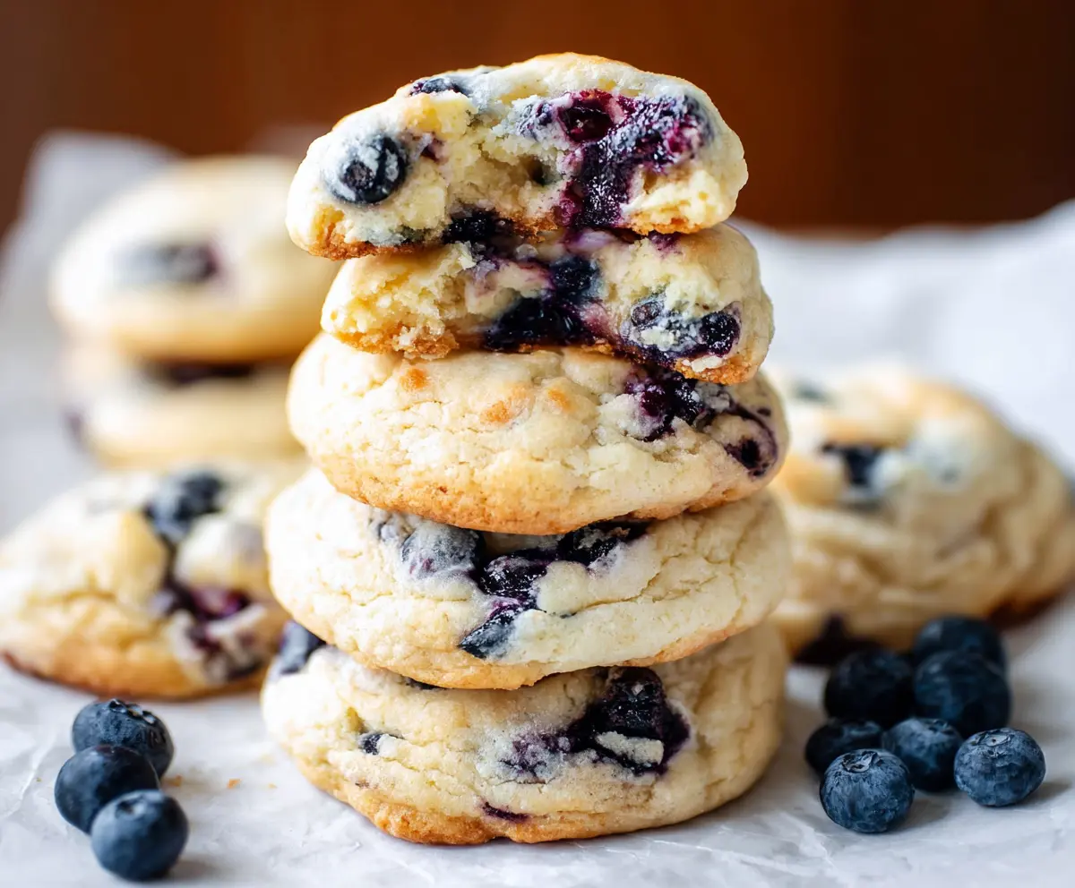Delicious blueberry cheesecake cookies with creamy cheese filling and fresh blueberries on top.