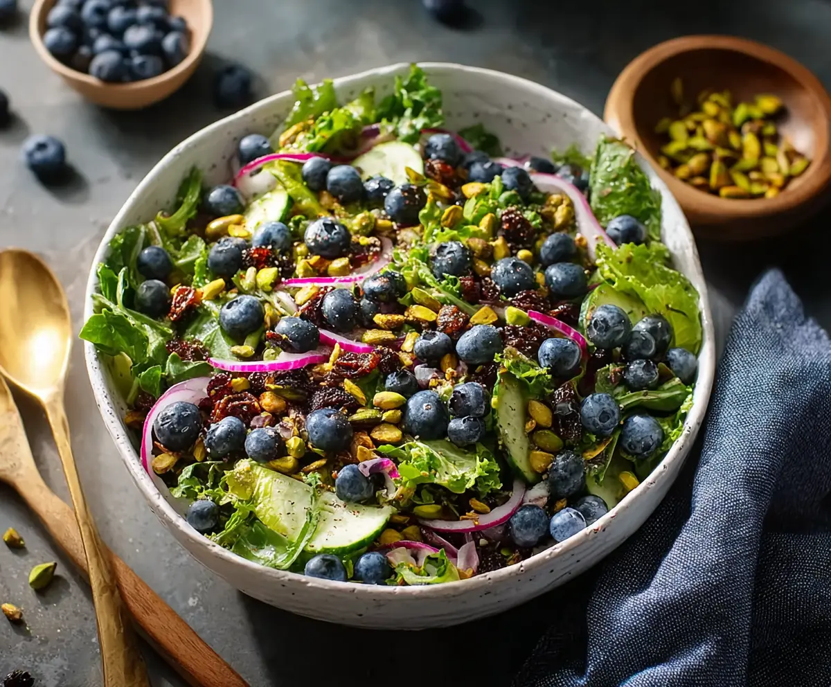 Vibrant Blueberry Pistachio Crunch Salad with fresh blueberries, chopped pistachios, and leafy greens.