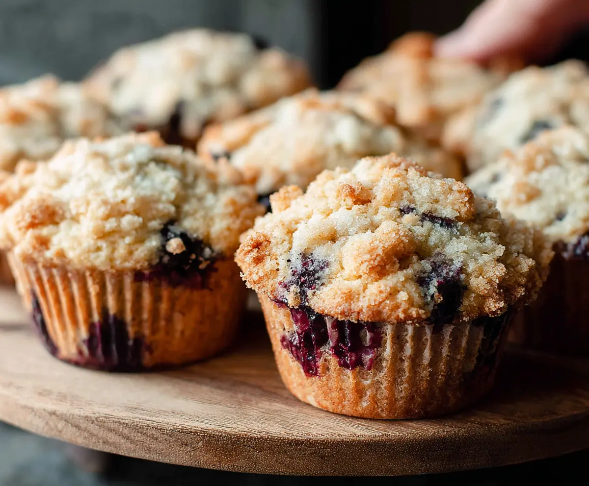 Fresh blueberry sourdough muffins topped with powdered sugar on a rustic wooden table.