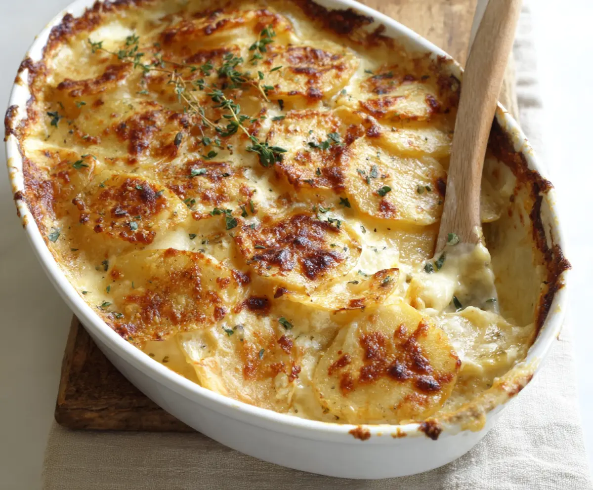 Creamy Boursin cheese scalloped potatoes baked to perfection, perfect for a comforting dinner.