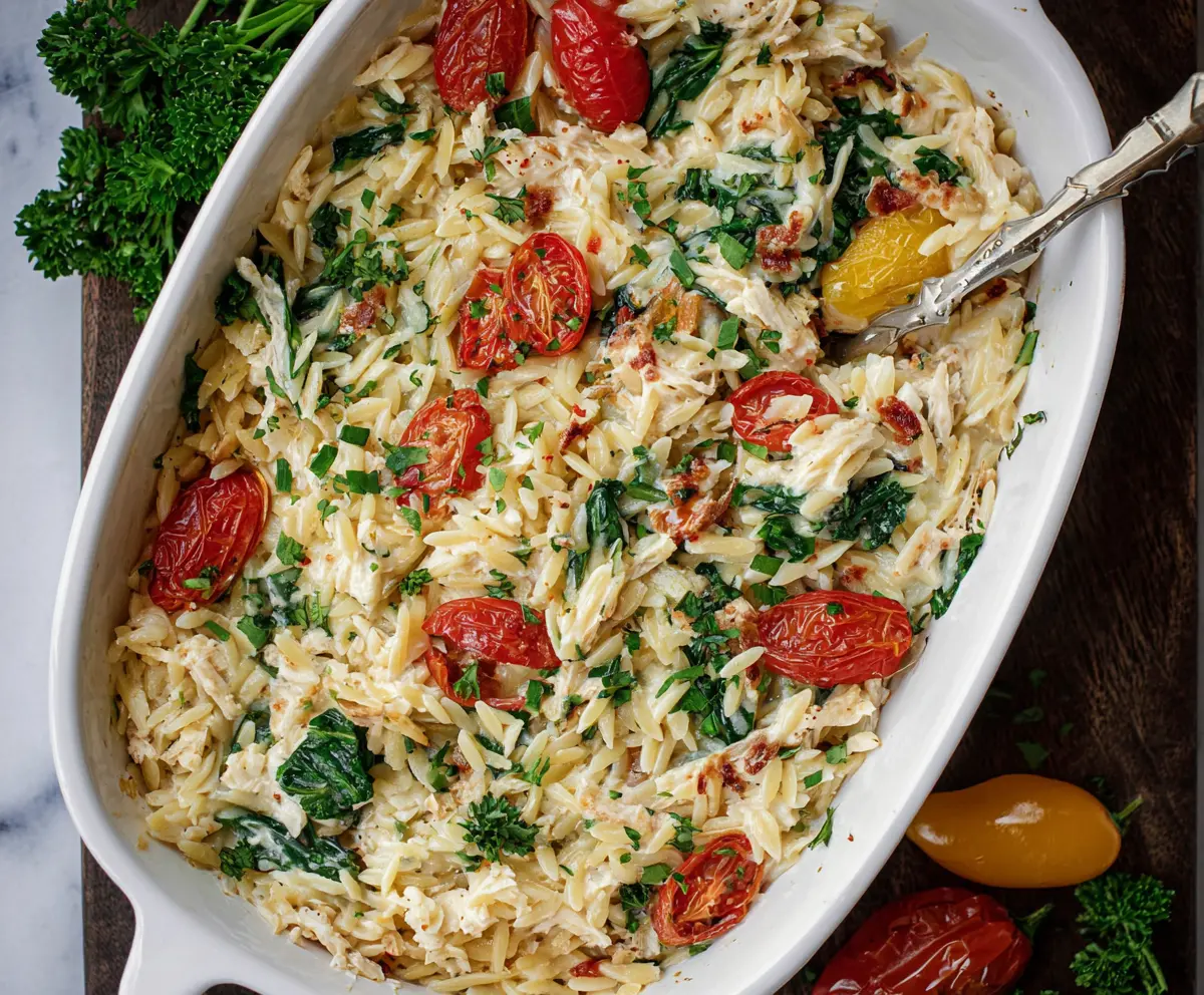 Delicious Boursin Orzo Bake dish with creamy cheese and baked golden on top