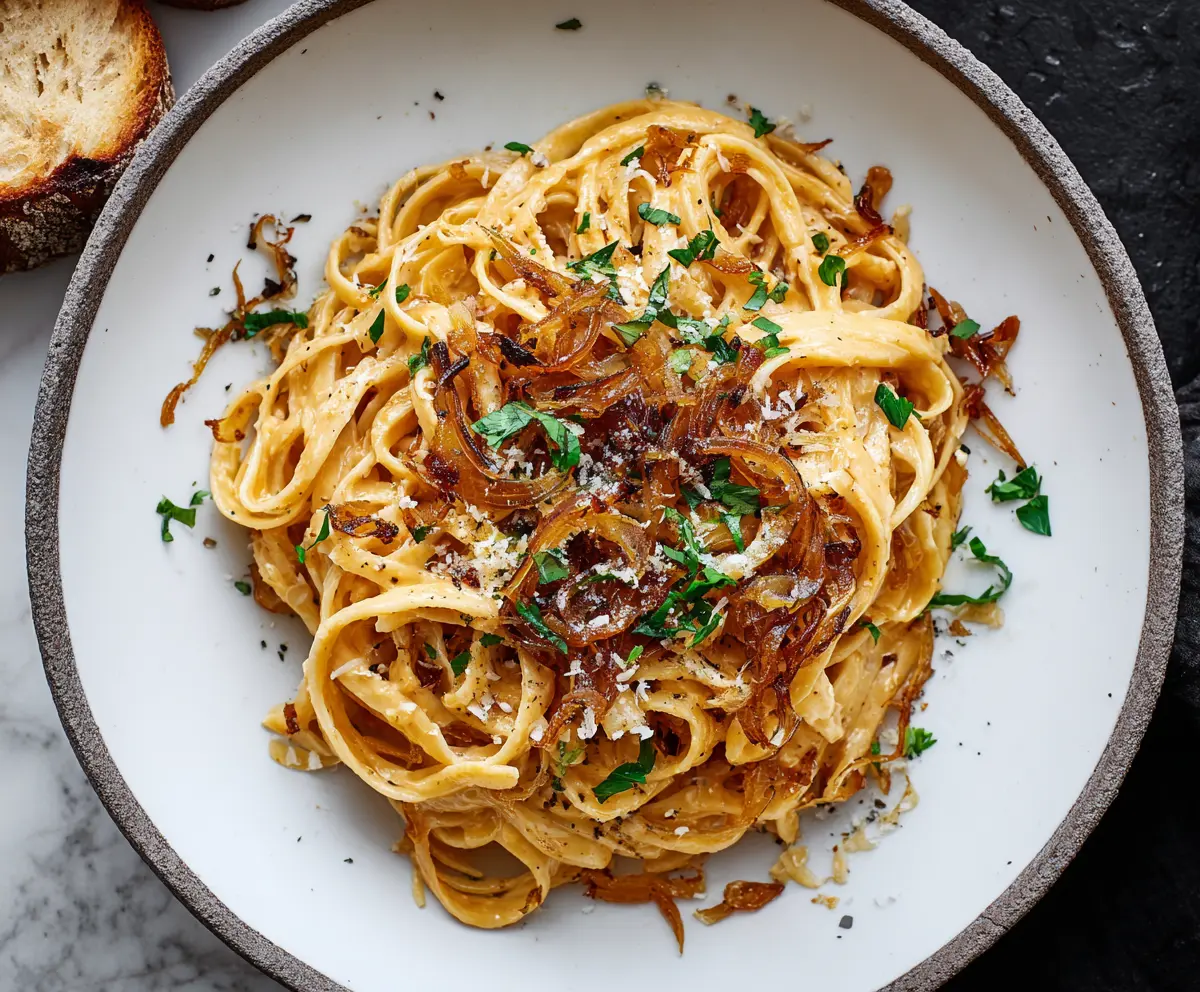Delicious caramel onion pasta dish with golden pasta and caramelized onions, perfect for a savory meal.