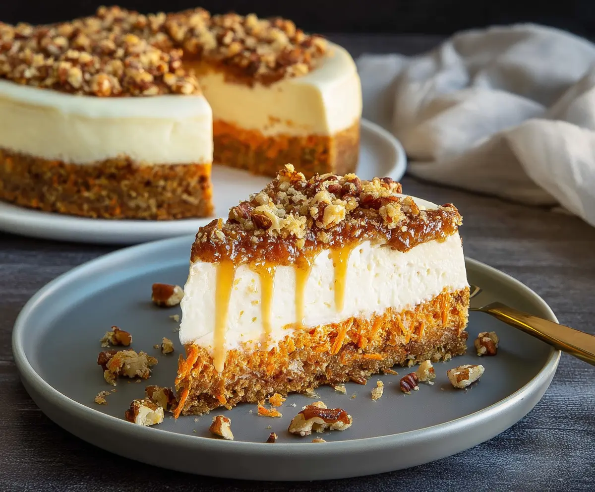 Delicious carrot cake cheesecake topped with cream cheese frosting and grated carrots