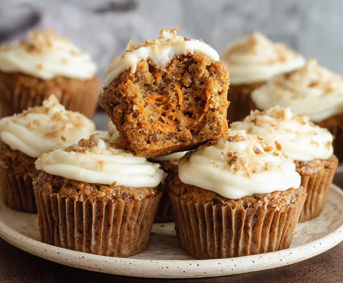 Delicious freshly baked carrot cake muffins with cream cheese frosting on a plate.