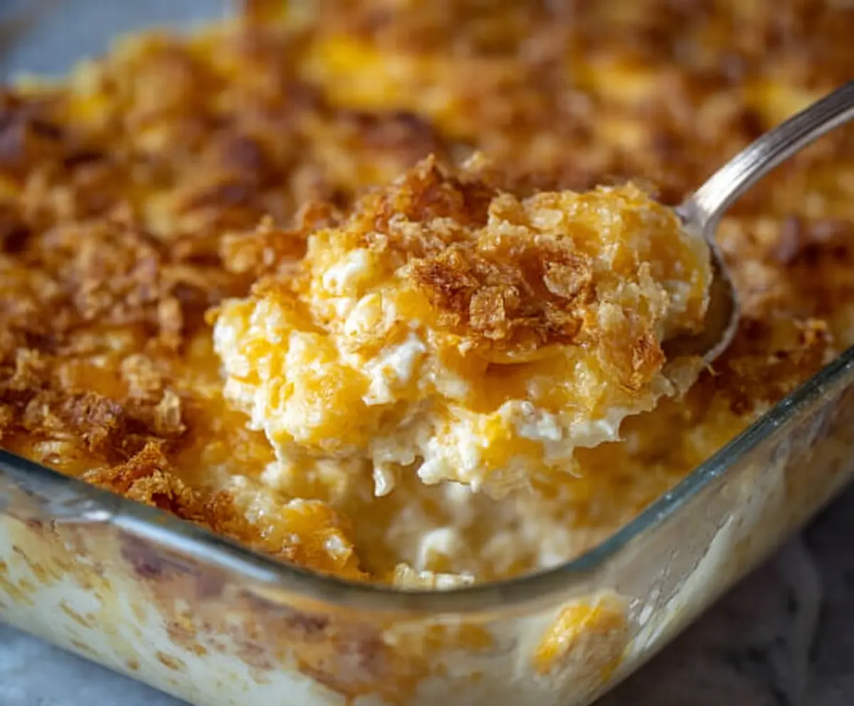 Delicious cheesy funeral potatoes baked to perfection with a golden crust and creamy topping.