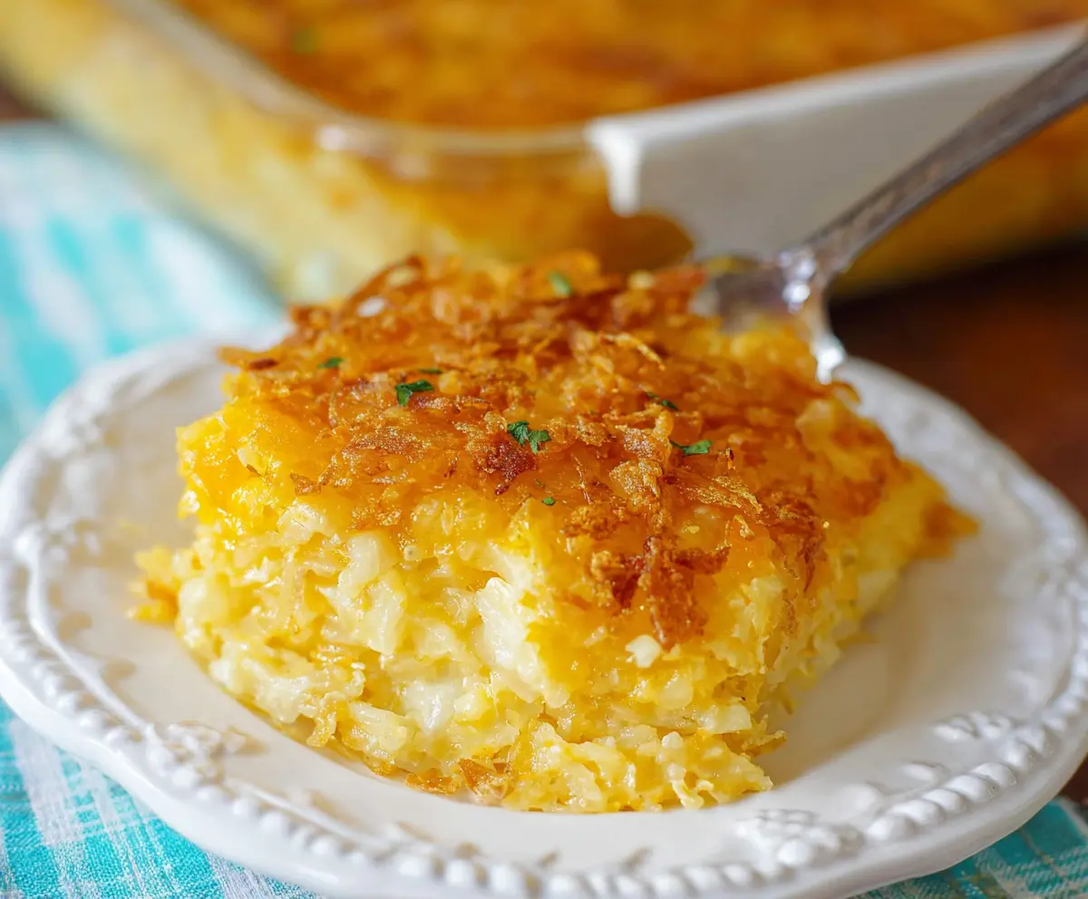 Delicious cheesy hashbrown casserole with golden-brown top, perfect for family dinners.