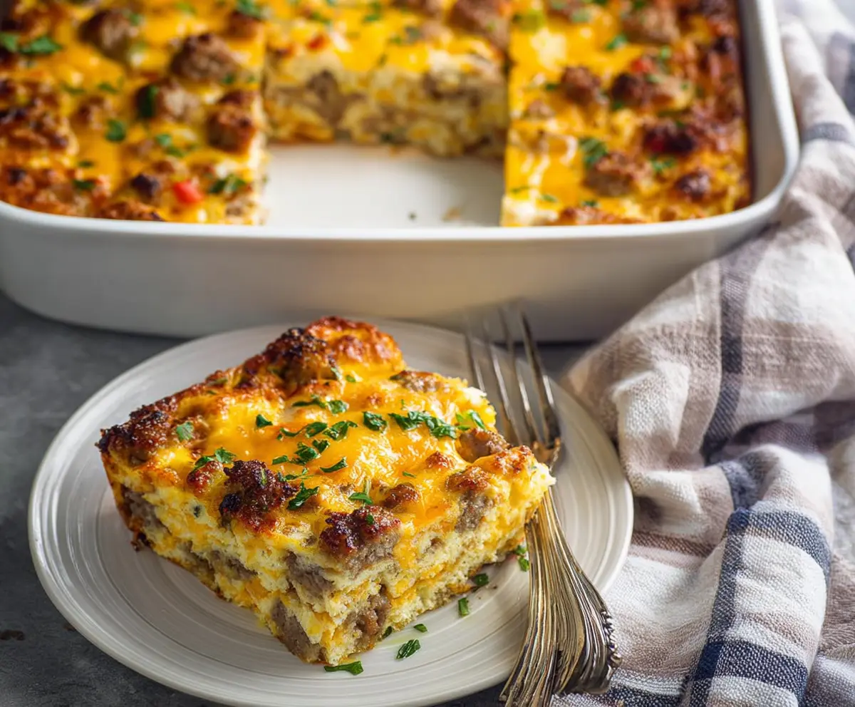 Delicious cheesy sausage breakfast casserole with melted cheese and savory sausage slices.