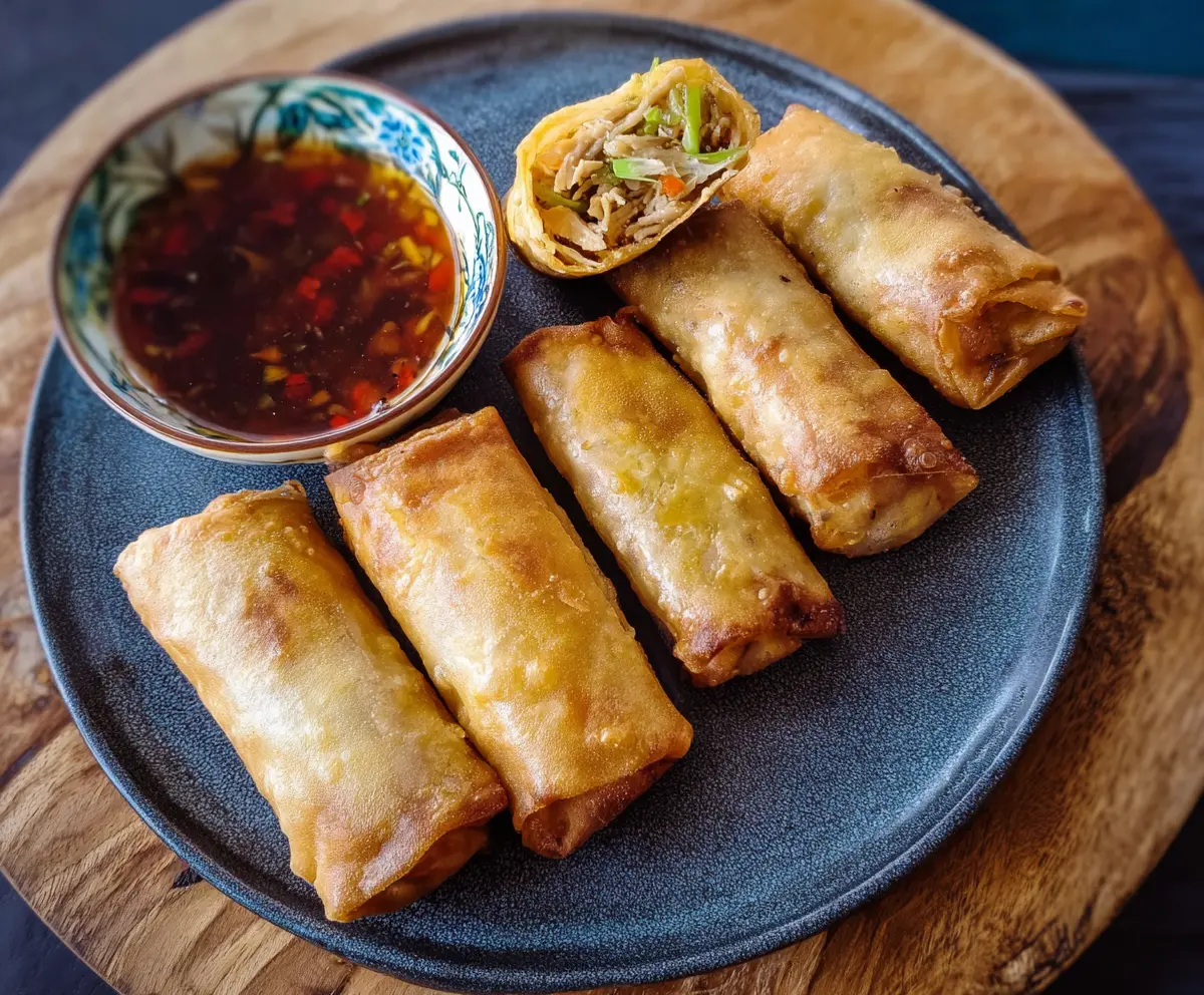 Crispy chicken lumpia served with dipping sauce on a white plate.