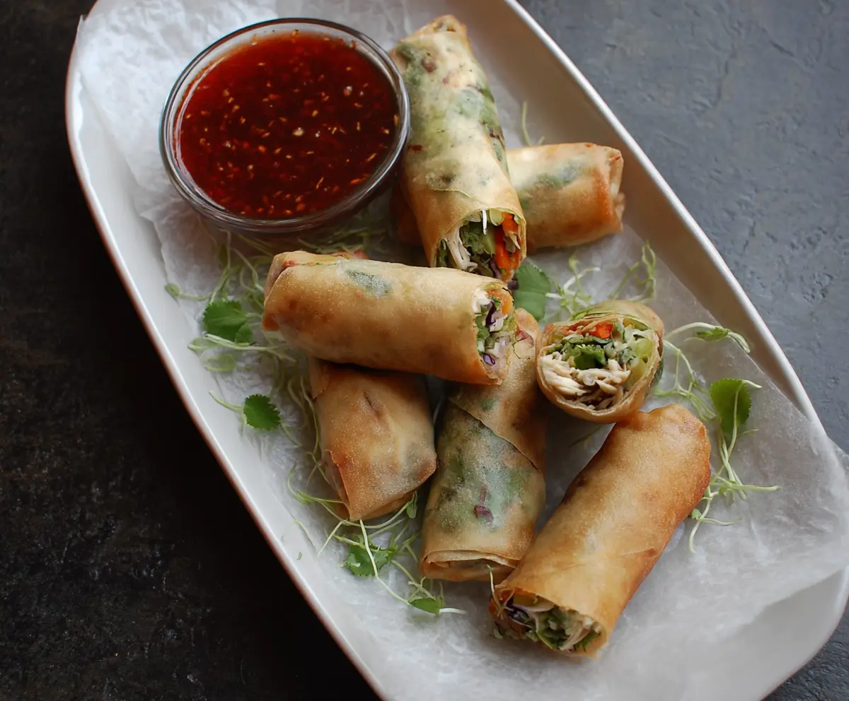 Crunchy chicken vegetable spring rolls served with dipping sauce, perfect for snacks or appetizers.