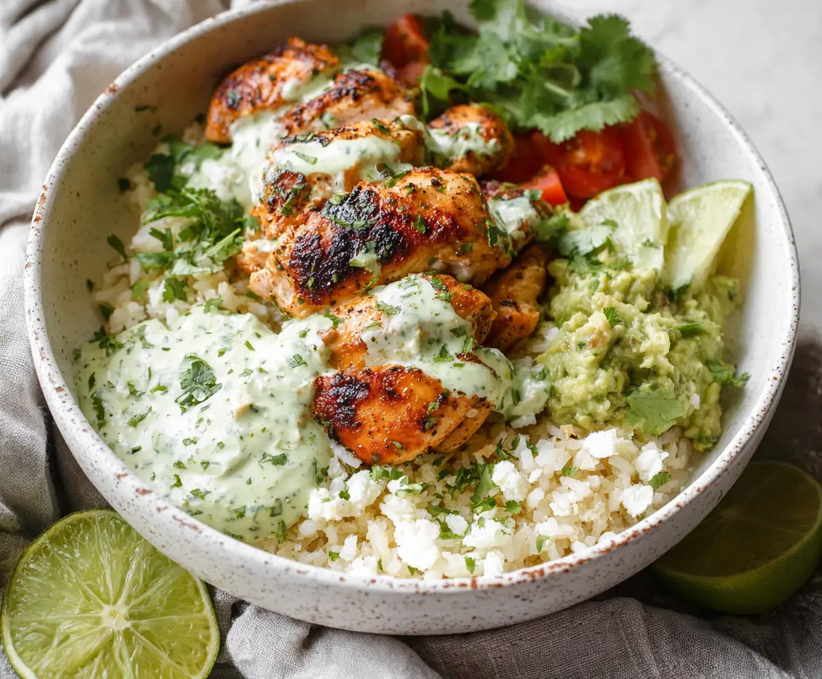 Delicious cilantro lime chicken served in a bowl with fresh herbs and lime wedges.