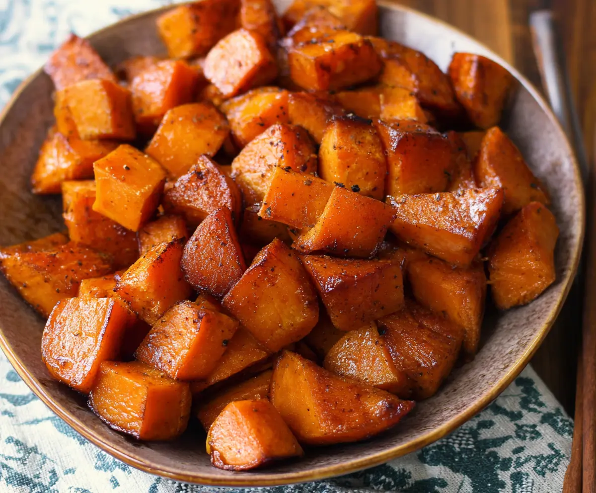 Baked cinnamon roasted sweet potatoes with a caramelized glaze on a rustic plate.