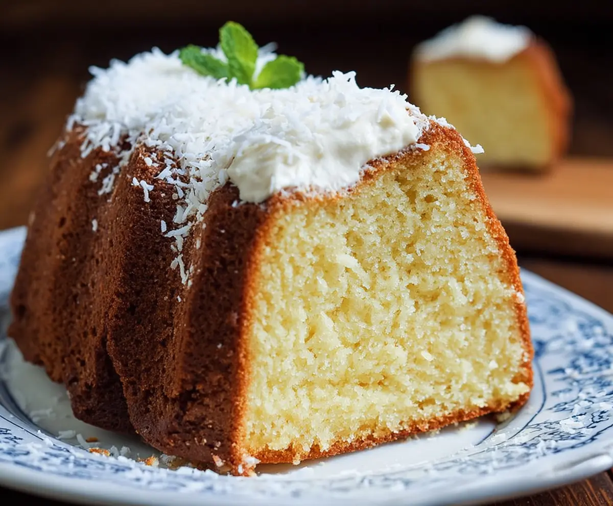 Delicious Coconut Cream Cheese Pound Cake topped with shredded coconut and ready to serve.