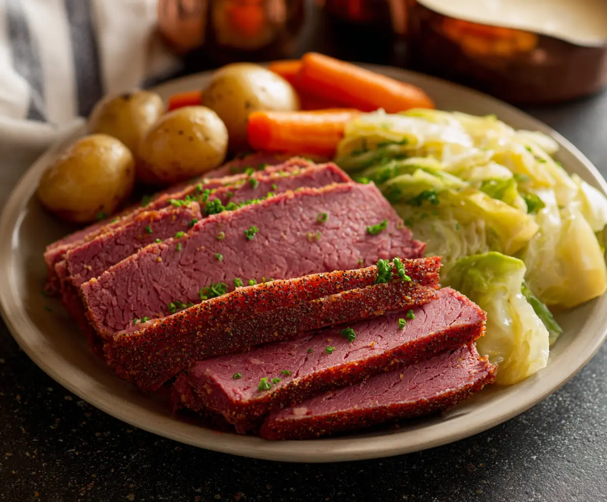 Hearty corned beef and cabbage served on a plate, perfect for a traditional Irish meal.