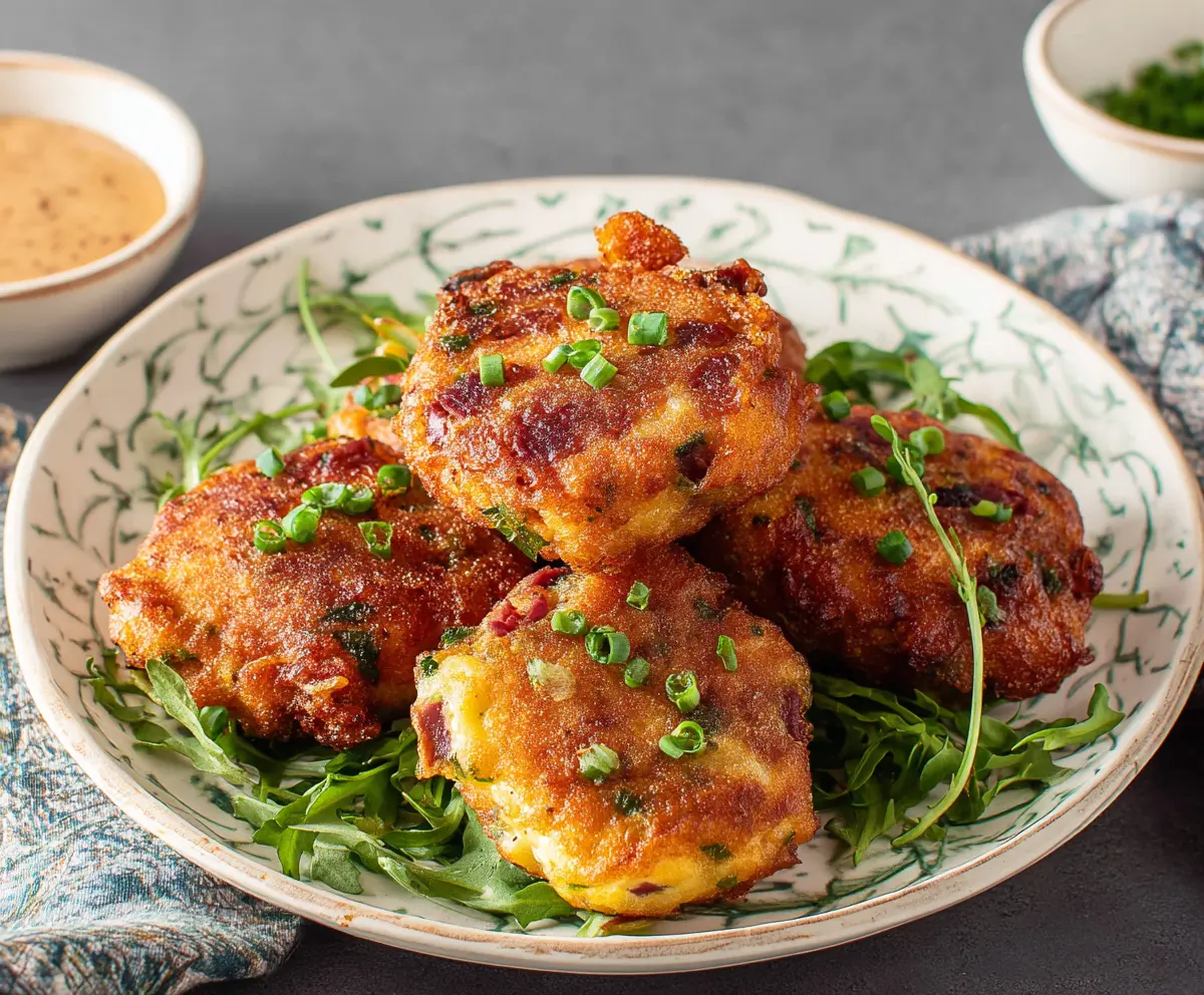 Delicious homemade Corned Beef Fritters served golden brown on a plate.