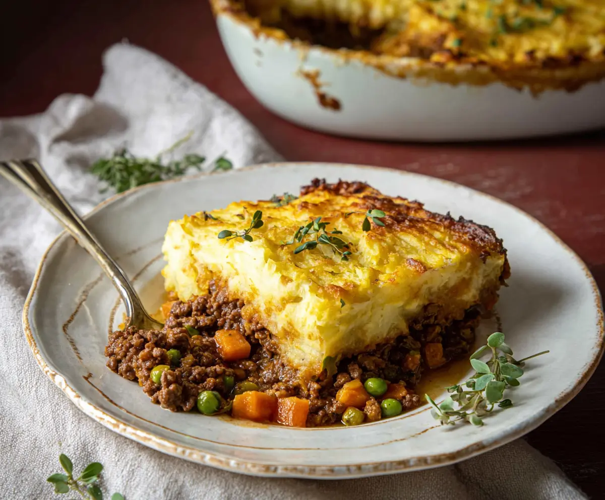 Delicious homemade cottage pie with a savory meat and vegetable filling topped with golden mashed potatoes.
