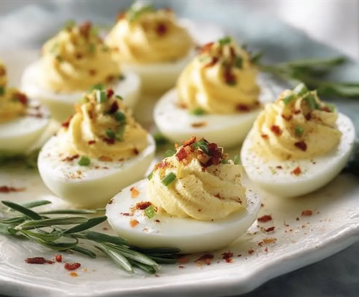 Cream Cheese Deviled Eggs on a plate, garnished with paprika and fresh herbs for a delicious appetizer.