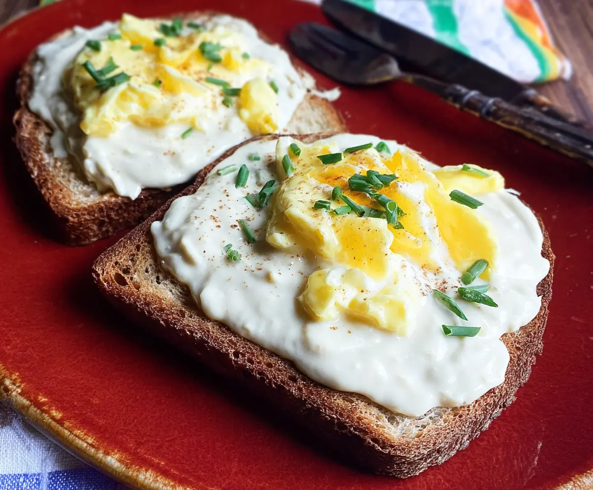 Delicious creamed eggs on toasted bread, perfect for breakfast or brunch.