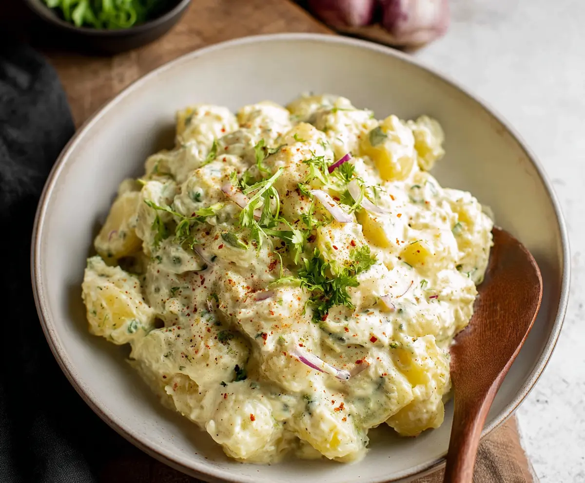 Creamy Potato Salad with fresh herbs and a creamy dressing, served in a bowl.