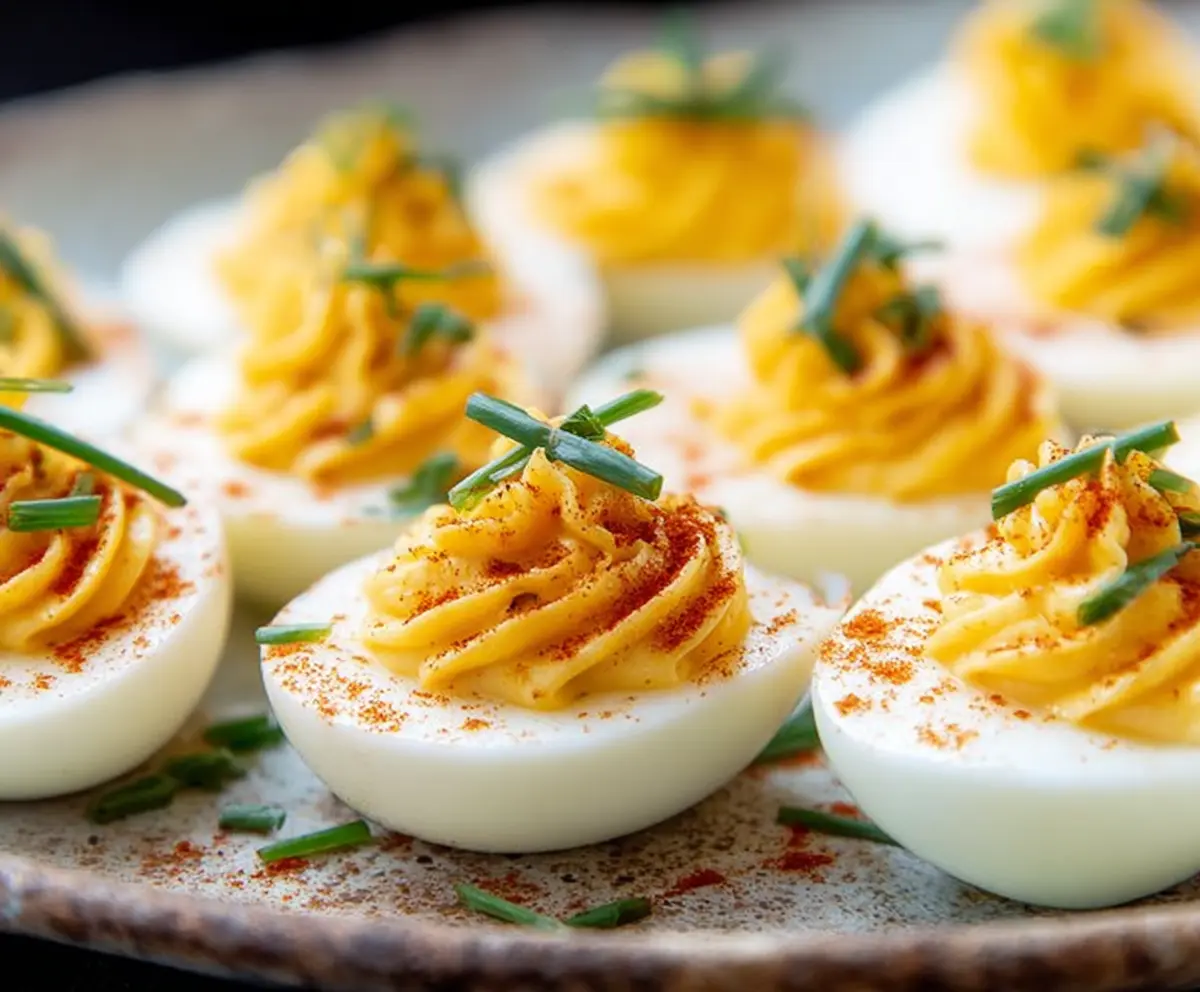 Creamy deviled eggs with paprika garnish on a white plate, delicious appetizer for parties