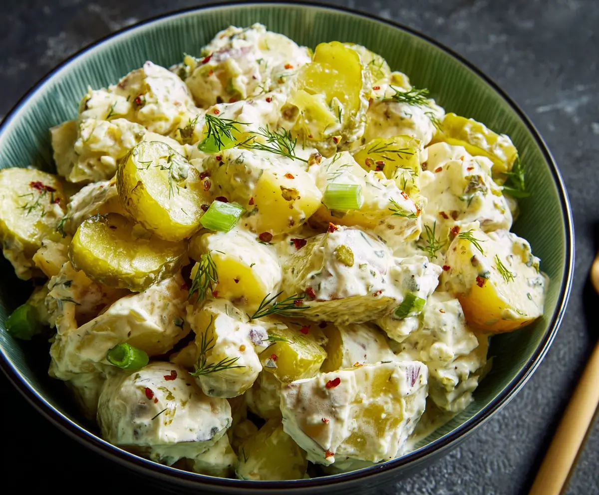 Creamy dill pickle potato salad with fresh herbs, ideal for summer picnics and family gatherings.