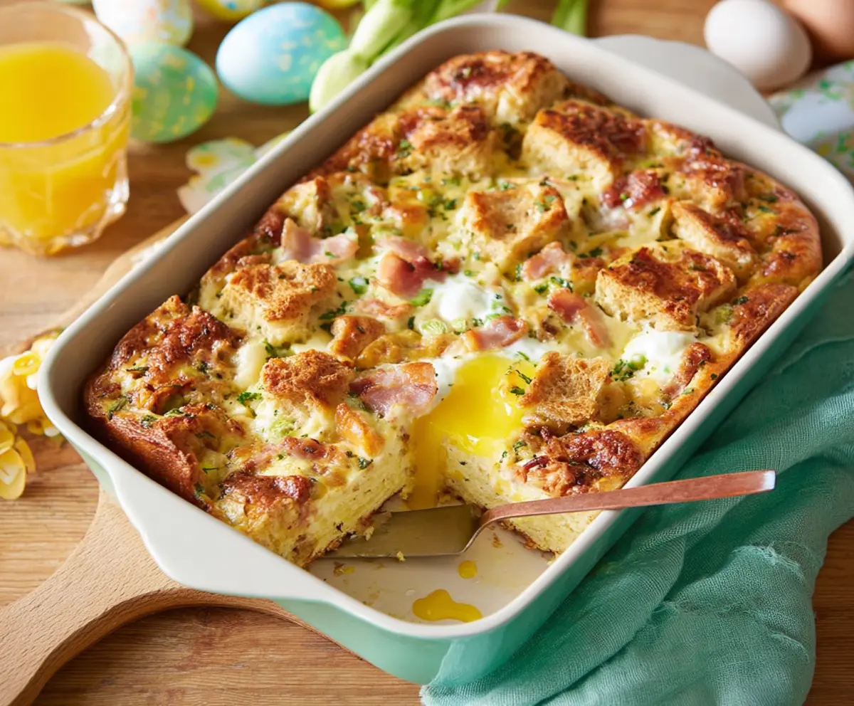 Delicious Easter Breakfast Bake with eggs, cheese, and fresh herbs in a baking dish.