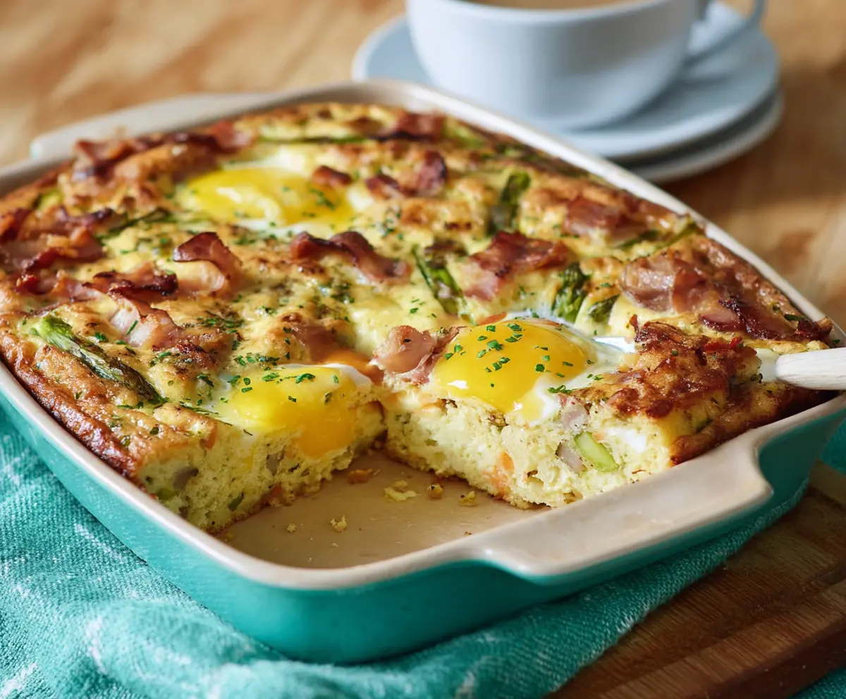 Delicious Easter Breakfast Casserole with eggs, cheese, and ham in a baking dish.
