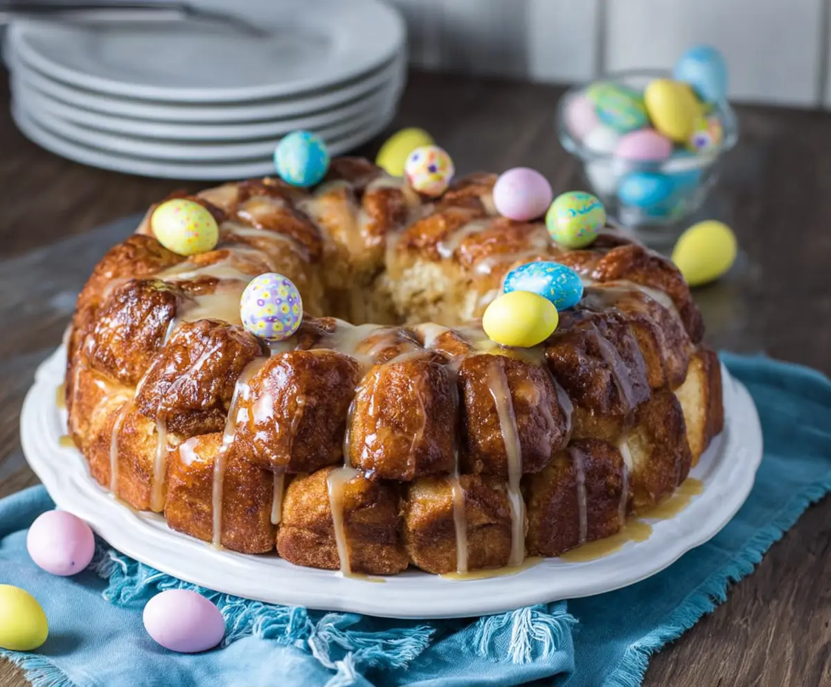 Delicious Easter Brunch Monkey Bread topped with icing and colorful sprinkles, ready to serve.