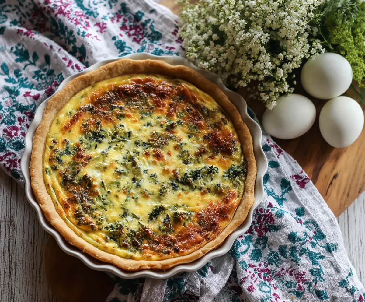 Delicious Easter brunch quiche with flaky crust and fresh vegetables on a festive table.