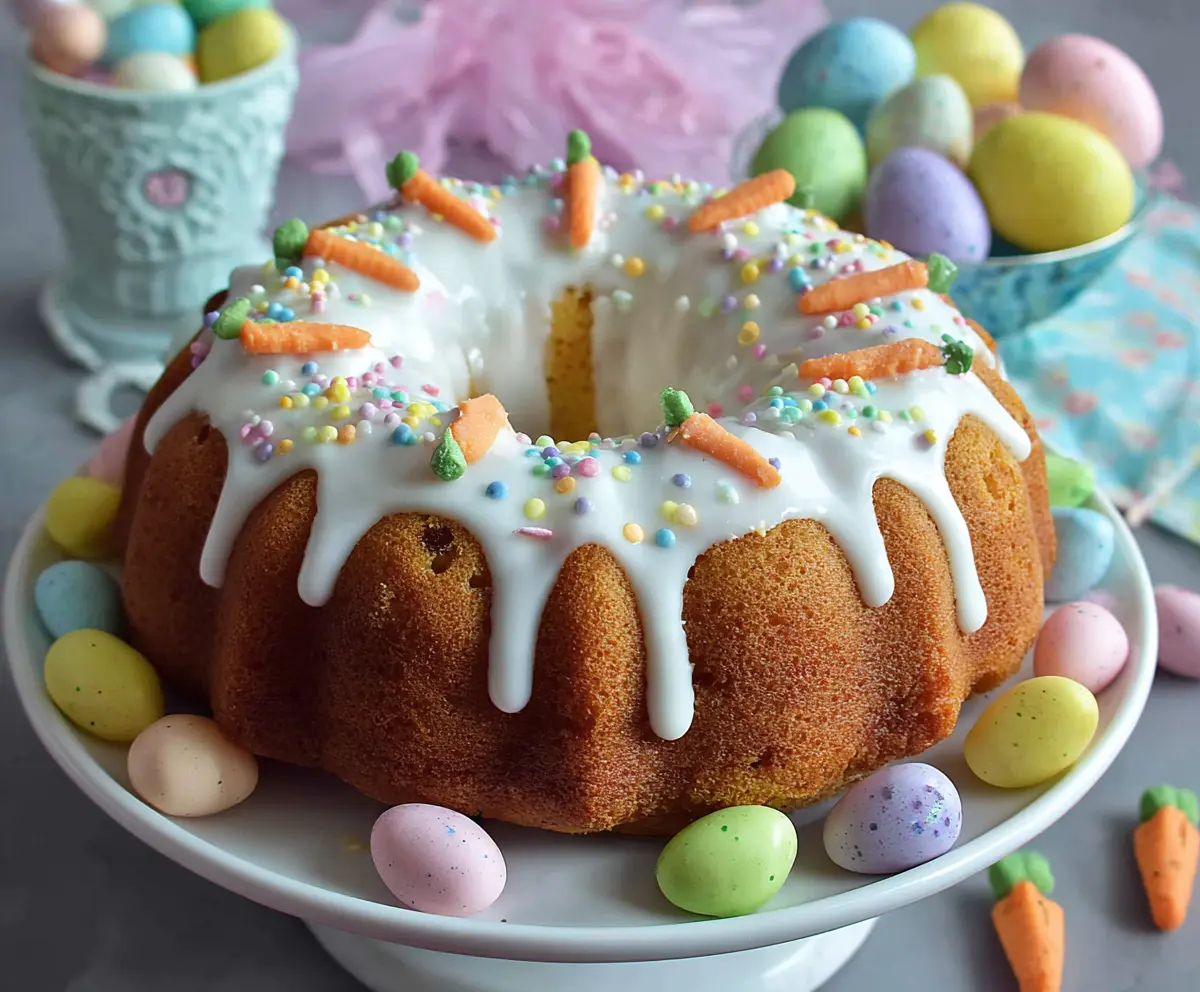 Decorative Easter Bundt Cake with colorful pastel frosting and festive toppings for spring celebrations